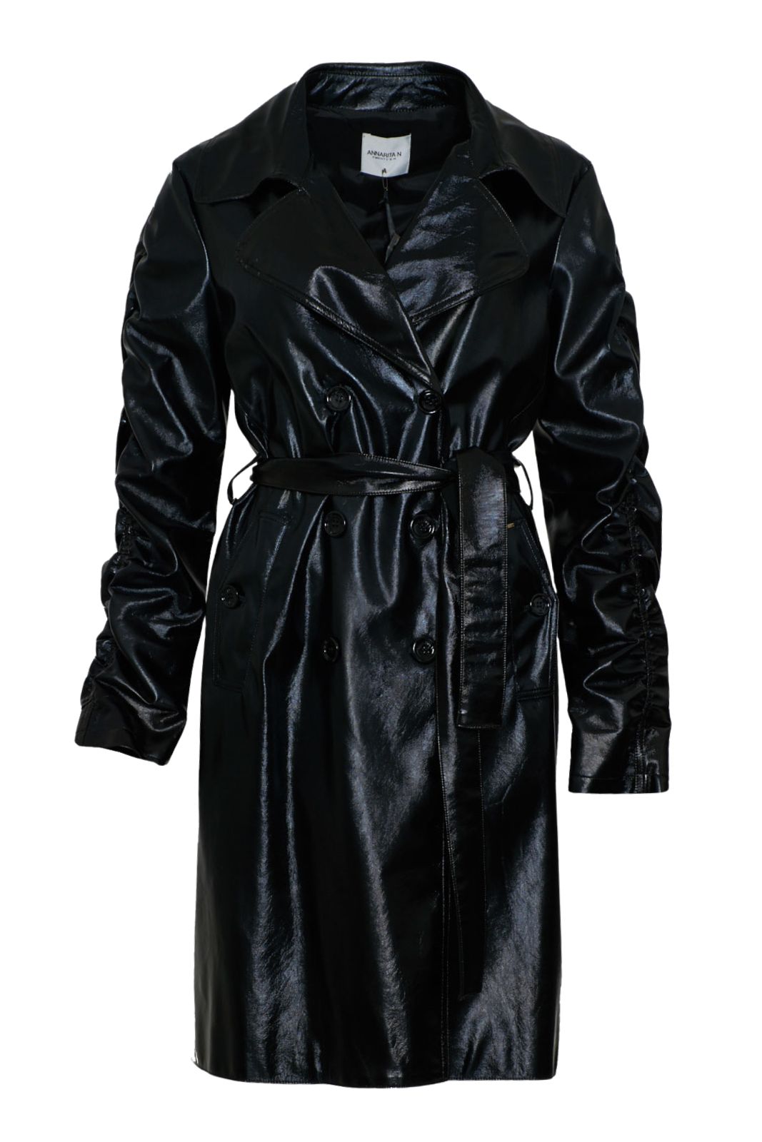 Annarita N Trench in ecopelle con cintura coordinata e maniche arricciate