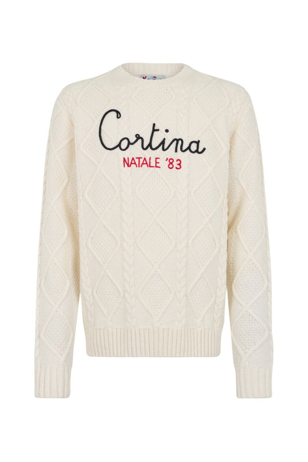 MC2 Saint Barth men's cable knit sweater with Cortina Christmas '83 embroidery