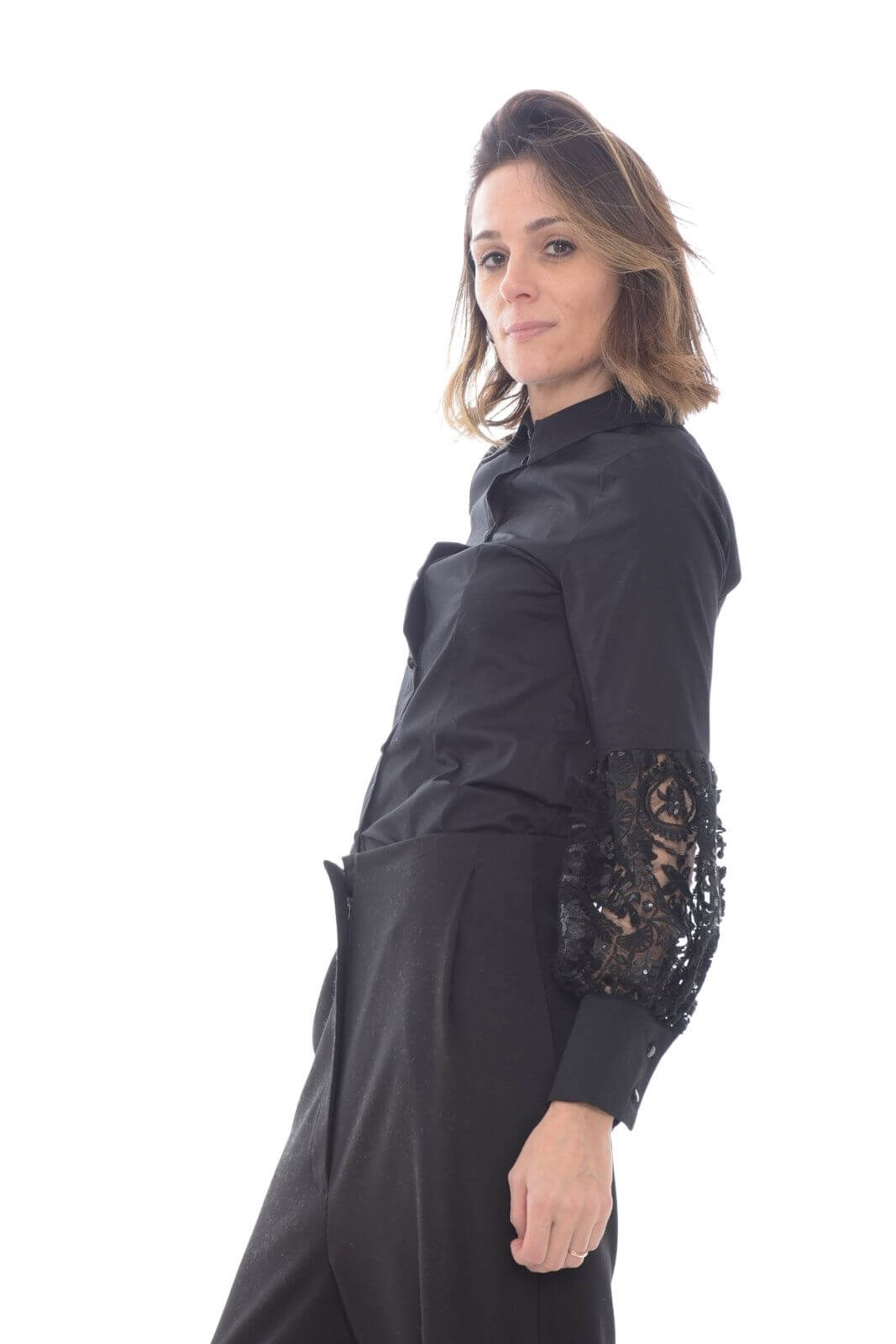 Brand Unique camicia donna con maniche in pizzo e paillettes