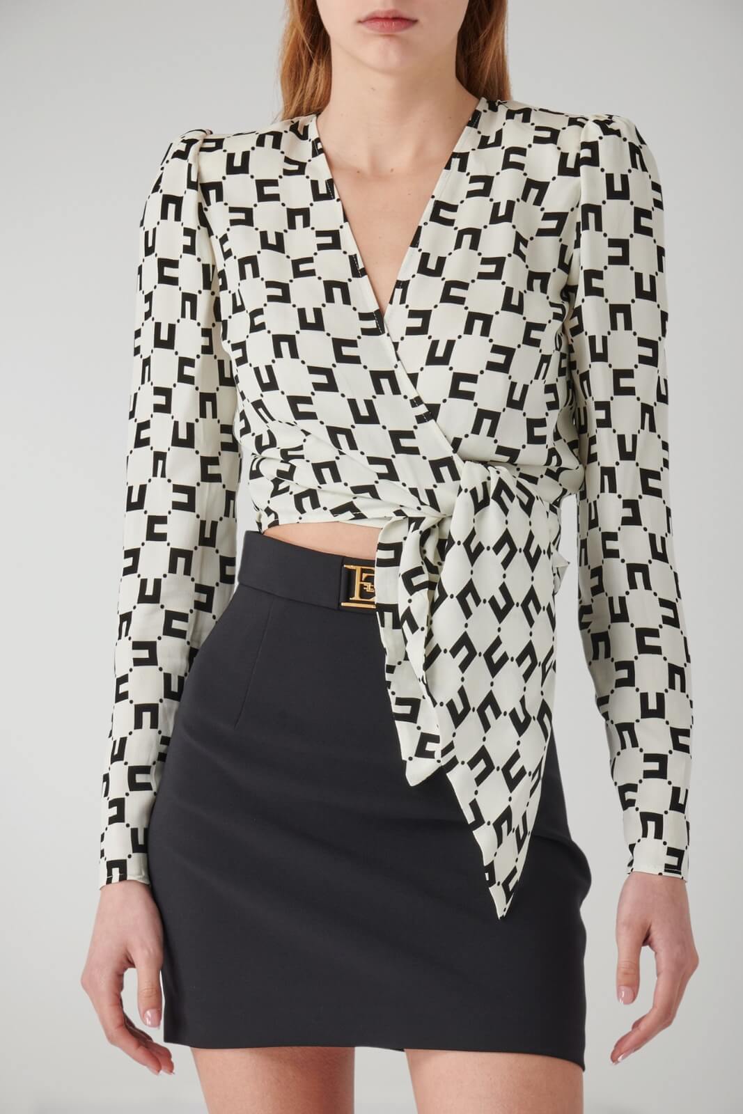 Elisabetta Franchi women's cropped shirt in viscose georgette with logo print and knot