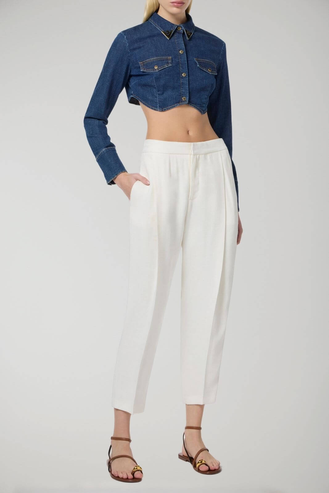 Camisa vaquera corta para mujer Elisabetta Franchi con detalles de logotipo