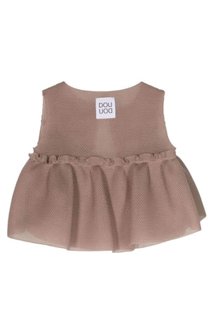 Dou Uod gilet bambina tortora con tessuto a rete e balza sul fondo retro
