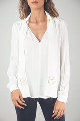 Blusa ELisabetta Franchi con scollo a V e sciarpa logata fronte 1