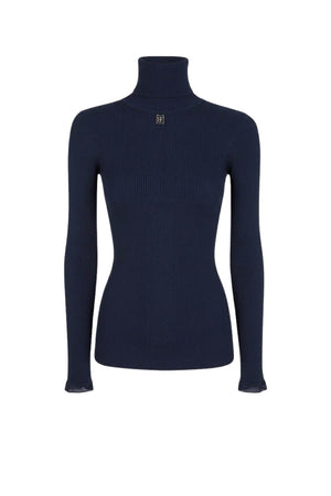 Elisabetta Franchi Dolcevita Donna a costine con placca logo / Blu Notte