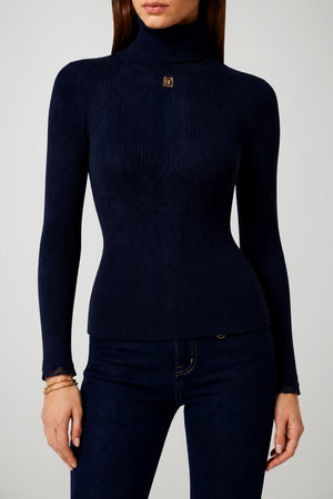 Elisabetta Franchi Dolcevita Donna a costine con placca logo / Blu Notte