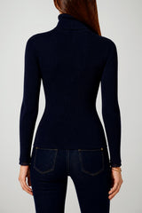 Elisabetta Franchi Dolcevita Donna a costine con placca logo / Blu Notte