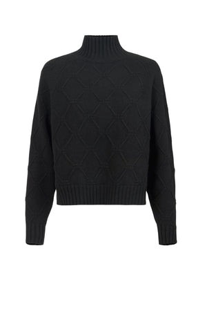 Maglione donna Elisabetta Franchi a dolcevita in trama losanghe fronte colore nero
