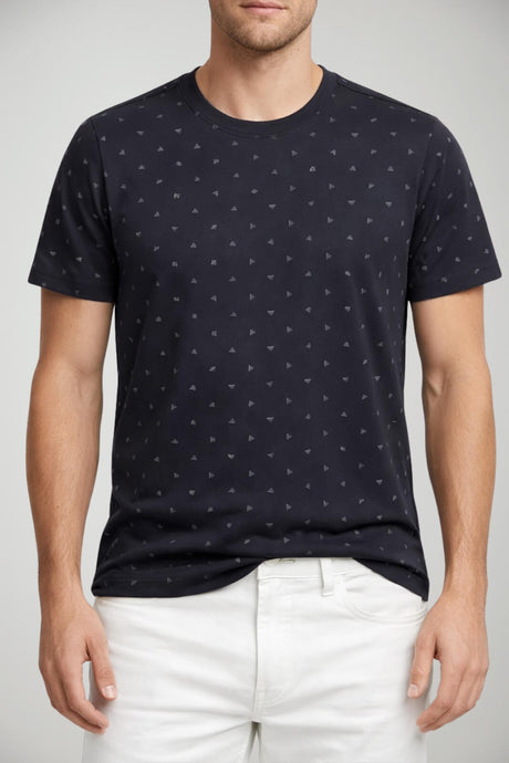 T-shirt uomo Emporio Armani blu navy con logo all over in jersey di misto cotone e lyocell