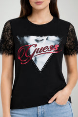 Guess T-shirt Donna con inserto in pizzo