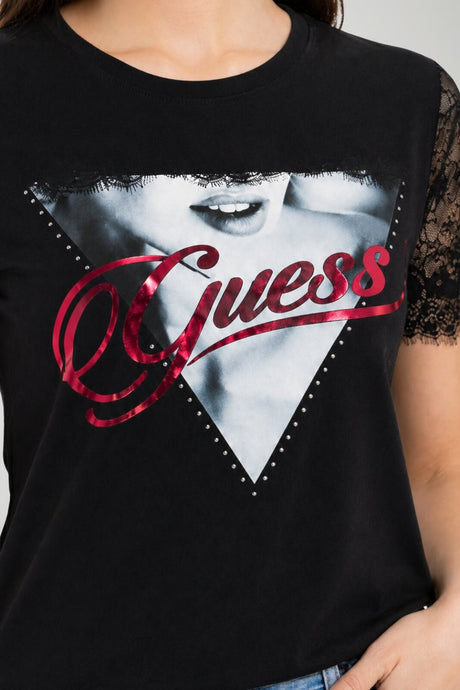 Guess T-shirt Donna con inserto in pizzo