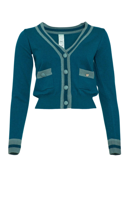 Cardigan da donna Il The delle 5 in maglia con bottoni fronte petrolio
