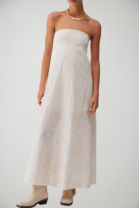 Abito donna Liu Jo smanicato in mussola di cotone con cut out posteriore e con ricami floreali tinta unita color avorio