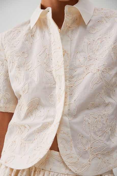 Camicia donna  Liu Jo maniche corte in cotone con ricami floreali in tinta unita avorio