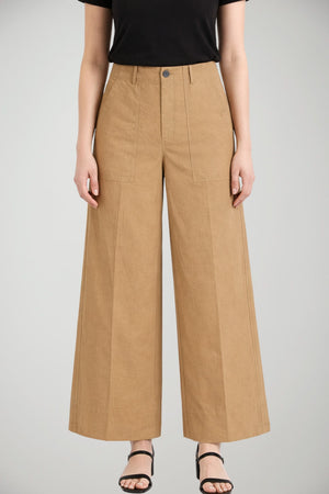 Pantaloni donna Liu Jo chino gamba ampia in cotone e tencel tinta unita color sabbia