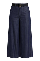 Pantaloni donna Liu Jo taglio flare a gamba ampia in tinta unita color denim 100% lyocell con cintura nera removibile 