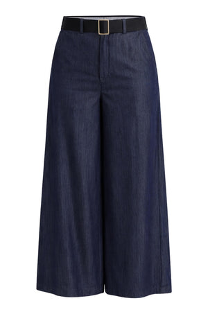 Pantaloni donna Liu Jo taglio flare a gamba ampia in tinta unita color denim 100% lyocell con cintura nera removibile 