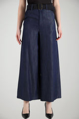 Pantaloni donna Liu Jo taglio flare a gamba ampia in tinta unita color denim 100% lyocell con cintura nera removibile 
