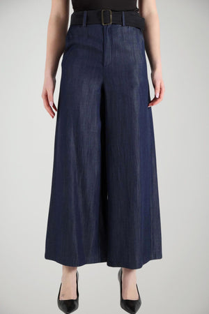 Pantaloni donna Liu Jo taglio flare a gamba ampia in tinta unita color denim 100% lyocell con cintura nera removibile 