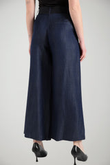 Pantaloni donna Liu Jo taglio flare a gamba ampia in tinta unita color denim 100% lyocell con cintura nera removibile 