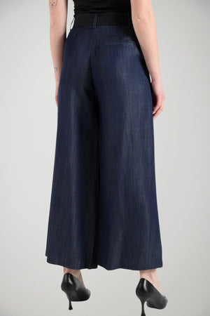 Pantaloni donna Liu Jo taglio flare a gamba ampia in tinta unita color denim 100% lyocell con cintura nera removibile 