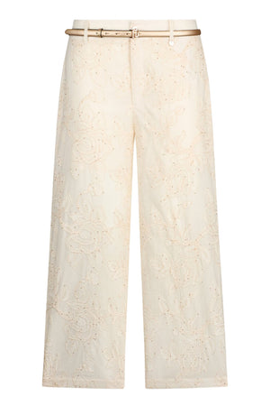 Pantaloni donna Liu Jo in mussola di cotone con micro paillettes a vita media in tinta unita avorio