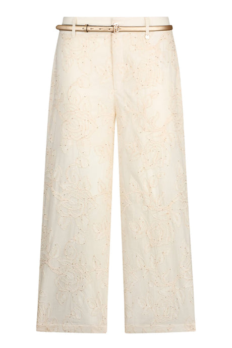 Pantaloni donna Liu Jo in mussola di cotone con micro paillettes a vita media in tinta unita avorio