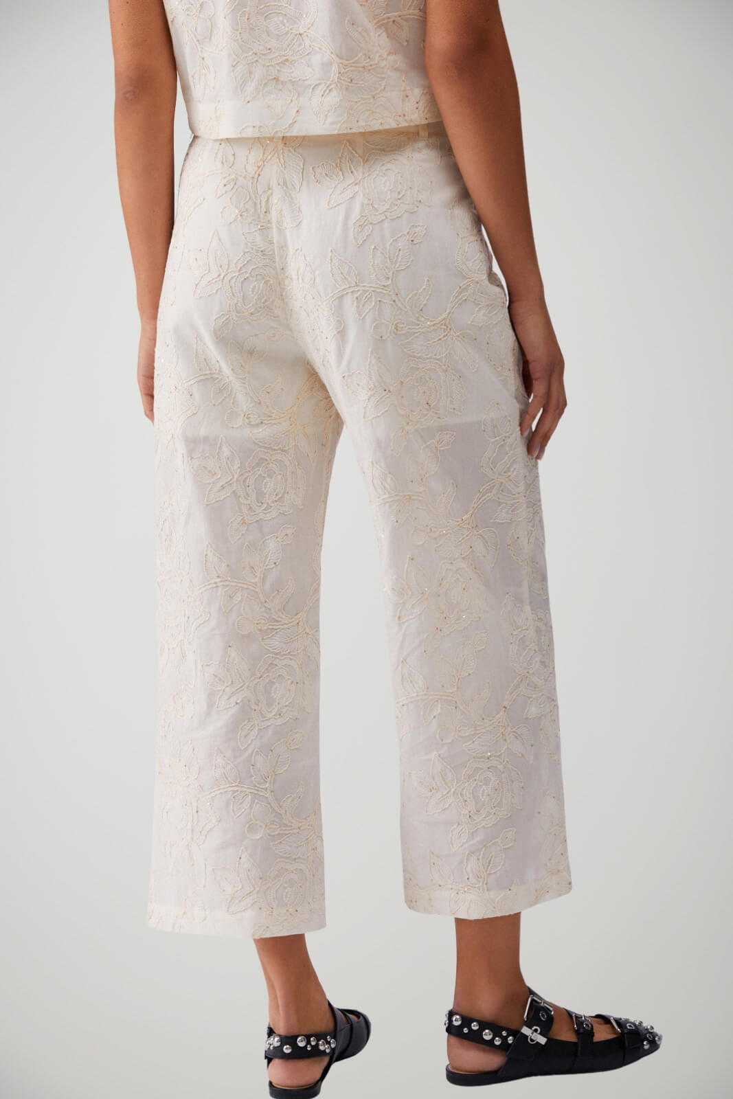 Pantaloni donna Liu Jo in mussola di cotone con micro paillettes a vita media in tinta unita avorio