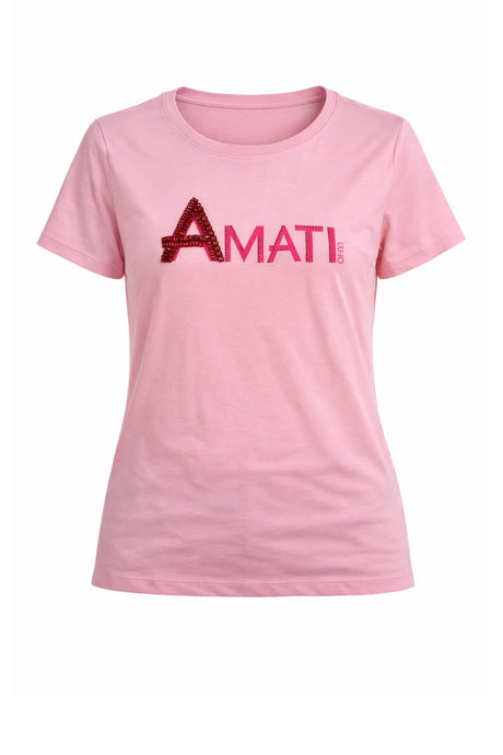 T-shirt donna Liu Jo con stampa e strass maniche corte in cotone in tinta unita rosa