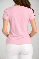 T-shirt donna Liu Jo con stampa e strass maniche corte in cotone in tinta unita rosa