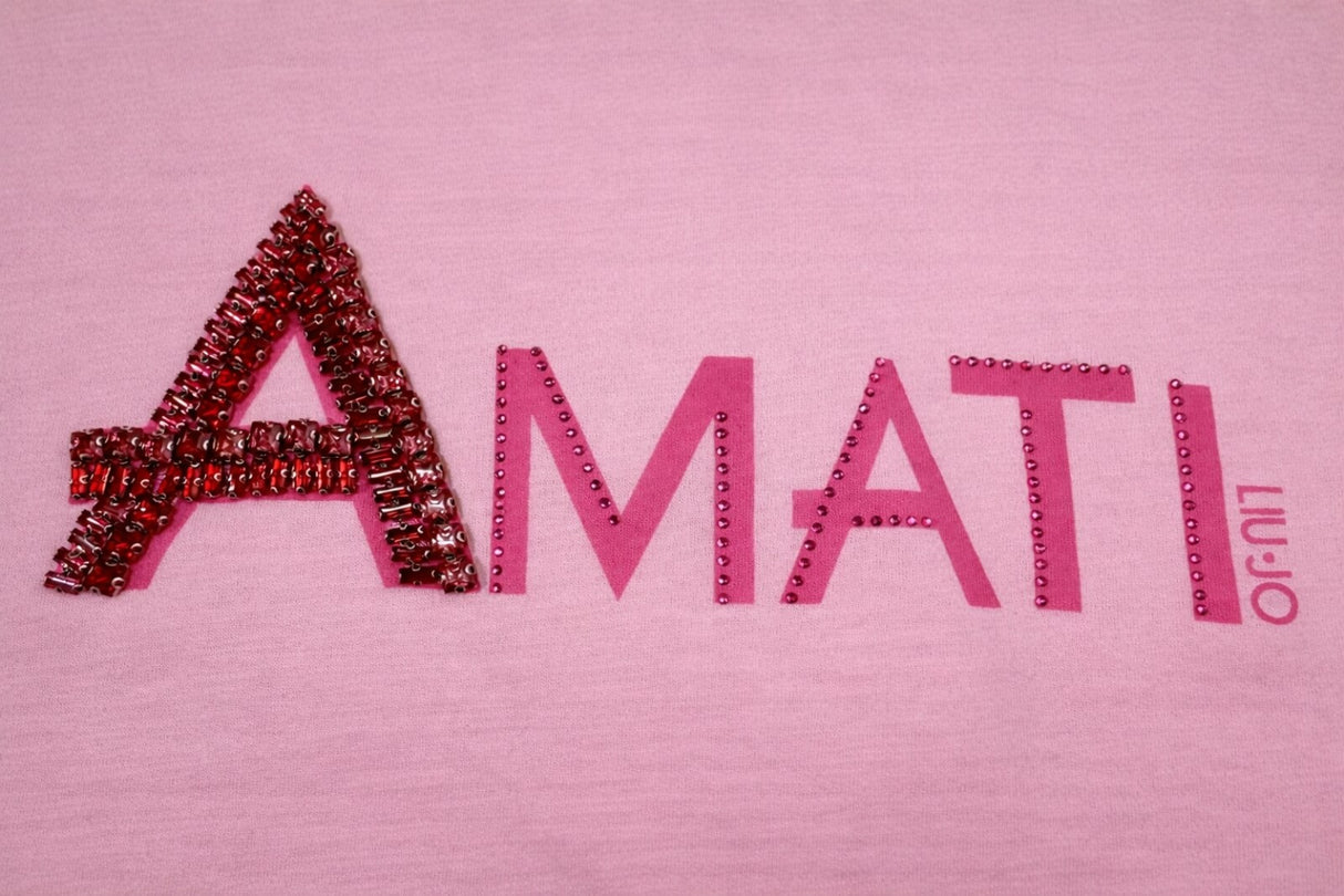 T-shirt donna Liu Jo con stampa e strass maniche corte in cotone in tinta unita rosa