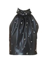 Top donna Liu Jo in ecopelle con gemme e scollo americano fronte