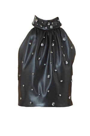 Top donna Liu Jo in ecopelle con gemme e scollo americano fronte