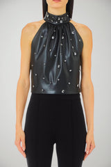 Top donna Liu Jo in ecopelle con gemme e scollo americano fronte 1