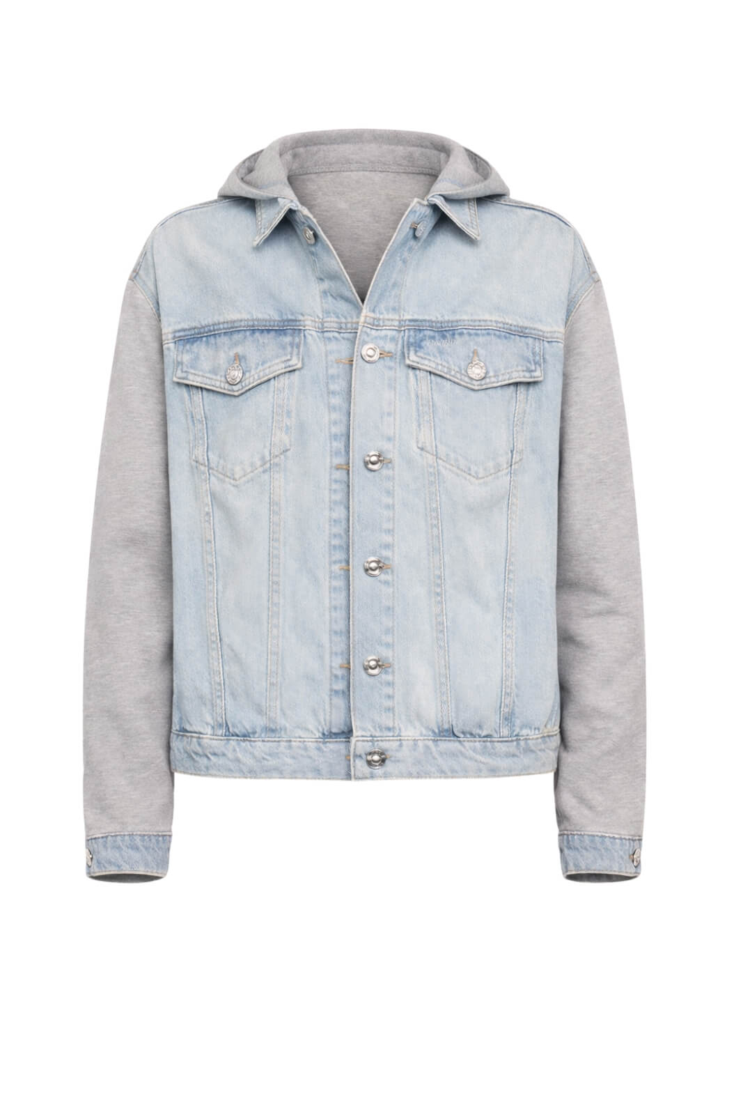 Bomber in denim da donna Liu HJo boxy con cappuccio ed inserto in felpa