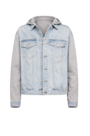 Bomber in denim da donna Liu HJo boxy con cappuccio ed inserto in felpa