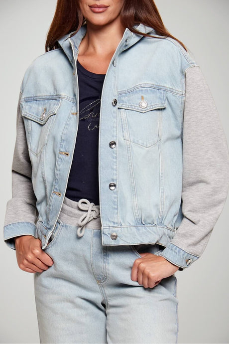 Bomber in denim da donna Liu HJo boxy con cappuccio ed inserto in felpa