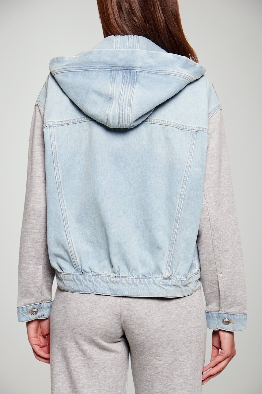 Bomber in denim da donna Liu HJo boxy con cappuccio ed inserto in felpa