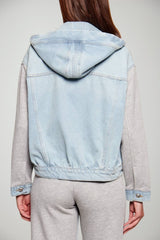 Bomber in denim da donna Liu HJo boxy con cappuccio ed inserto in felpa