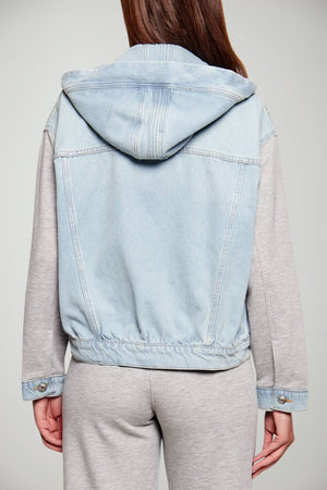 Bomber in denim da donna Liu HJo boxy con cappuccio ed inserto in felpa