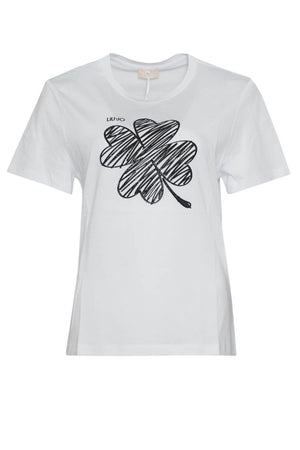 T-shirt da donna Liu Jo in cotone con logo quadrifoglio in strass fronte