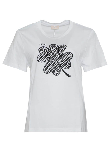 T-shirt da donna Liu Jo in cotone con logo quadrifoglio in strass fronte