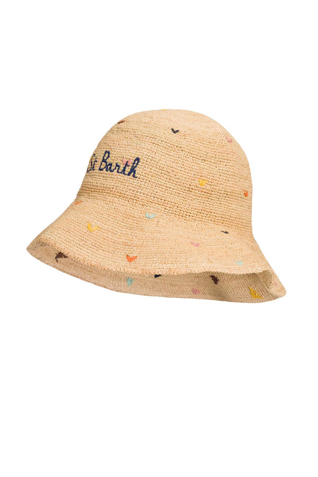 Cappello da donna MC2 Saint Barth in rafia con cuori ricamati
