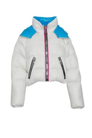 Piumino Montereggi da donna con cappuccio e maxi zip fronte
