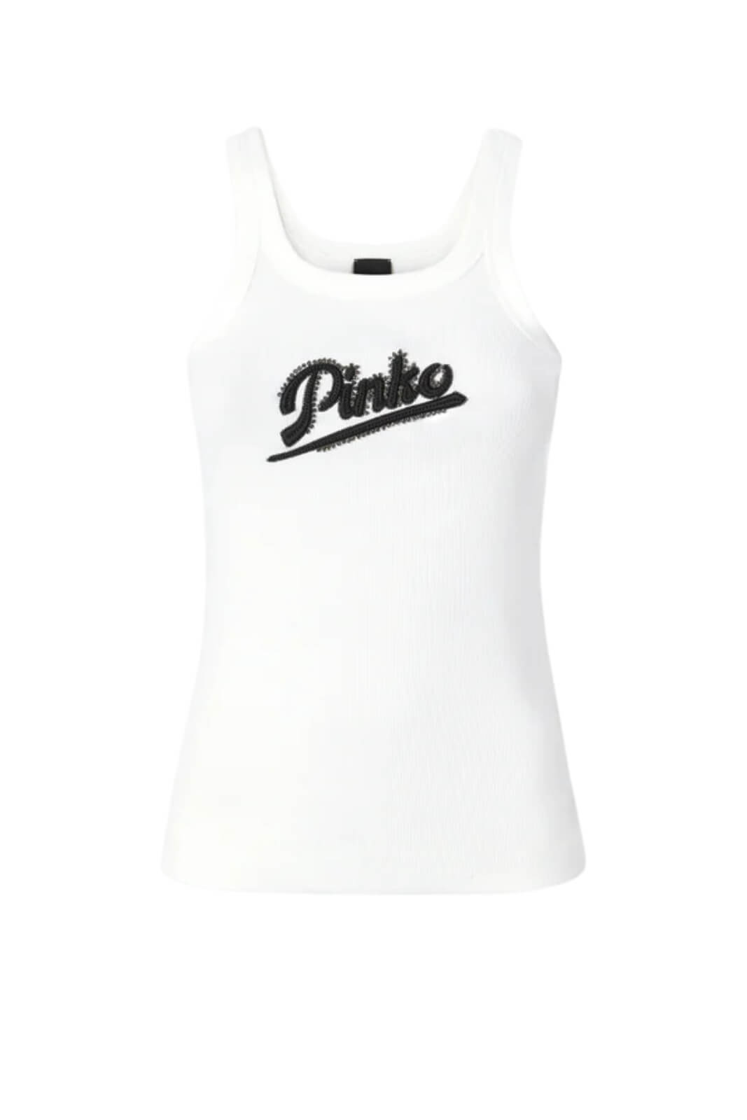 Canotta smanicata da donna Pinko a costine con lettering in strass