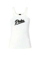 Canotta smanicata da donna Pinko a costine con lettering in strass