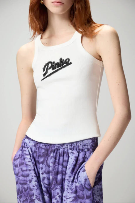 Canotta smanicata da donna Pinko a costine con lettering in strass