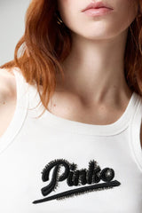Canotta smanicata da donna Pinko a costine con lettering in strass