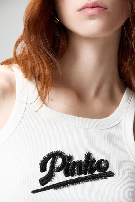 Canotta smanicata da donna Pinko a costine con lettering in strass