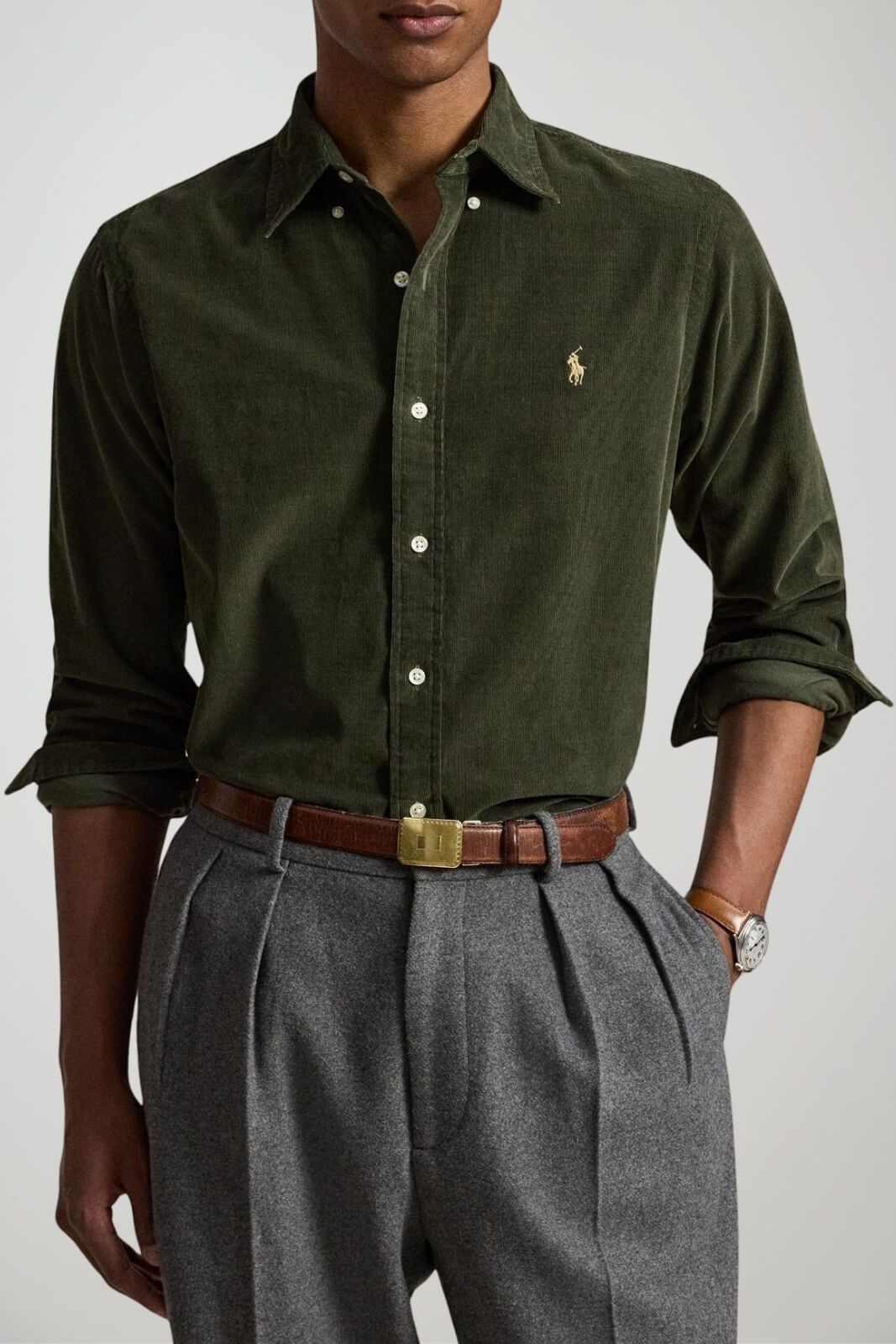 Polo Ralph Lauren Camicia Uomo in velluto Custom Fit / Oliva
