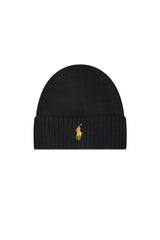 Cappello Polo Ralph Lauren in lana con logo e risvolto a coste fronte nero